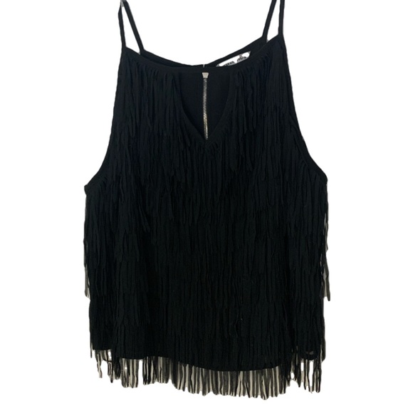 Black Fringe Strappy Tank Top With Front Keyhole - Picture 1 of 7